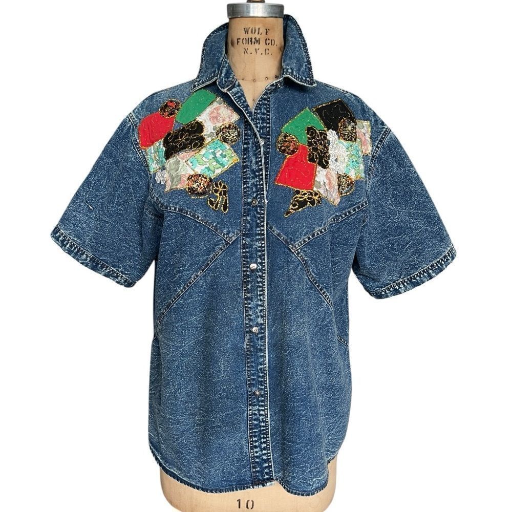 Pretty Bleu Vintage Denim Shirt with Patchwork Appliqué Size S